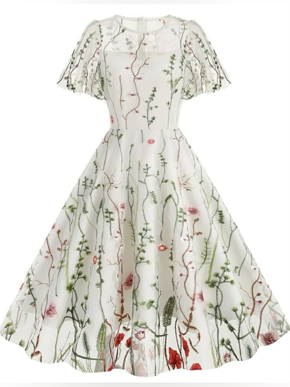 White Floral Embroidered Tulle Midi Dress size Medium